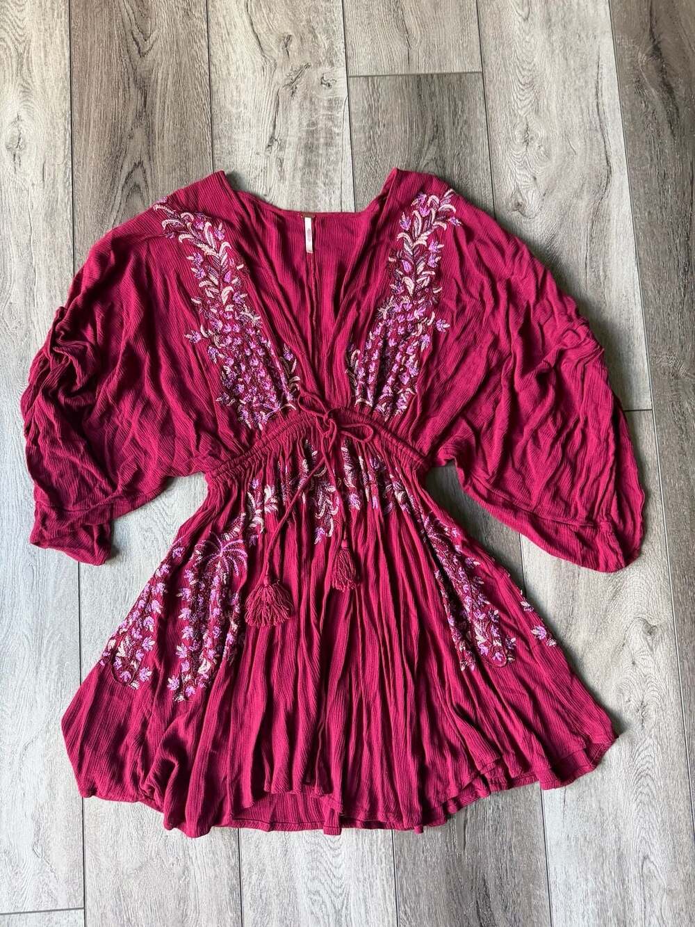 Free People Embroidered Burgundy Boho Mini Dress Size XS